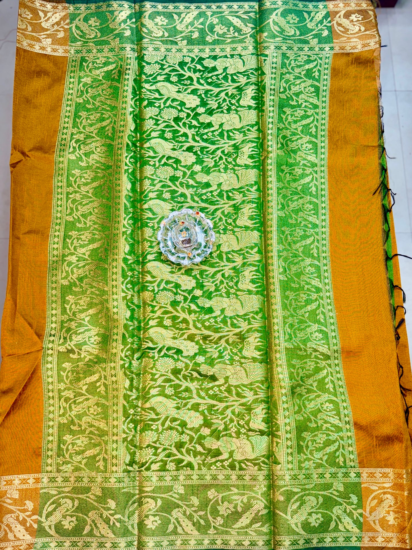 Semi Raw Silk Saree with Zari Hand Border, Heavy Jamdani Pallu and Contrast Blouse