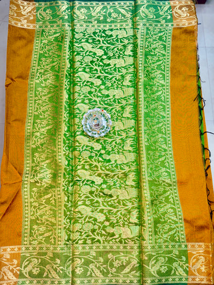 Semi Raw Silk Saree with Zari Hand Border, Heavy Jamdani Pallu and Contrast Blouse