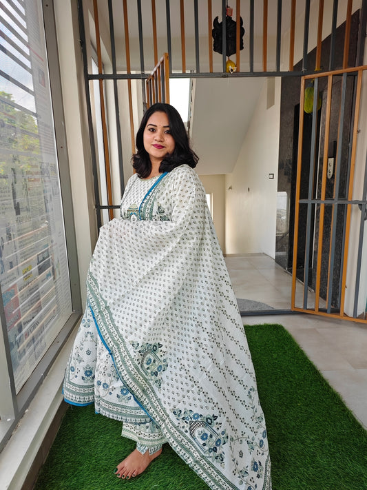 Printed Anarkali Ethnic Dress for Women with Traditional Motifs in Blue and Green – Sizes 38 to 44