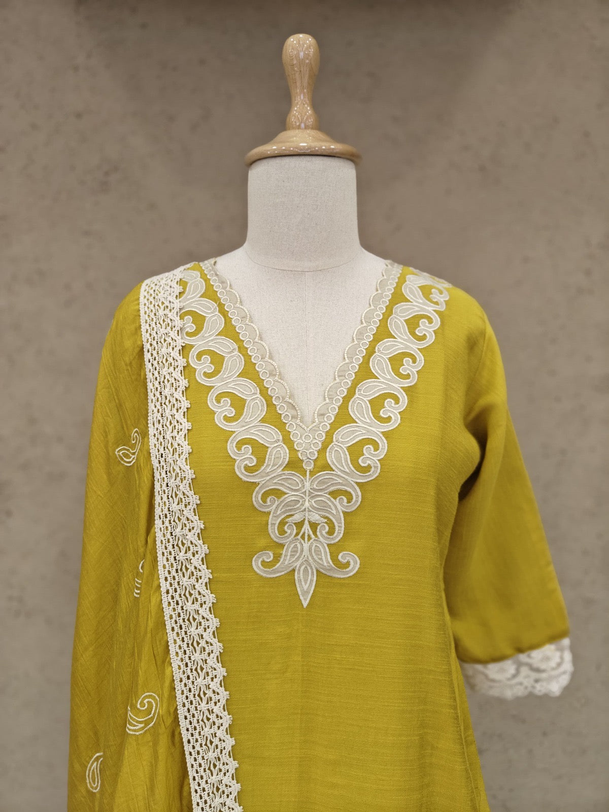 Mustard Roman Silk Kurta Set with Off-White Applique Work and Dupatta – 3-Piece Ethnic Set for Women