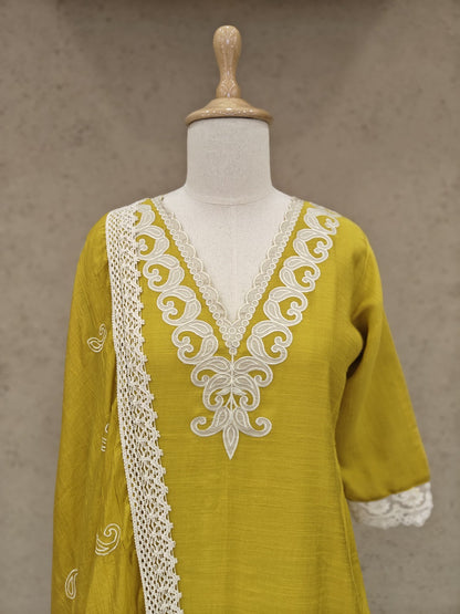 Mustard Roman Silk Kurta Set with Off-White Applique Work and Dupatta – 3-Piece Ethnic Set for Women