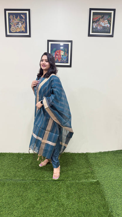 Cotton Handloom Straight Cut Kurta Pant Dupatta Set with Embroidery – Plus Sizes XL to 3XL