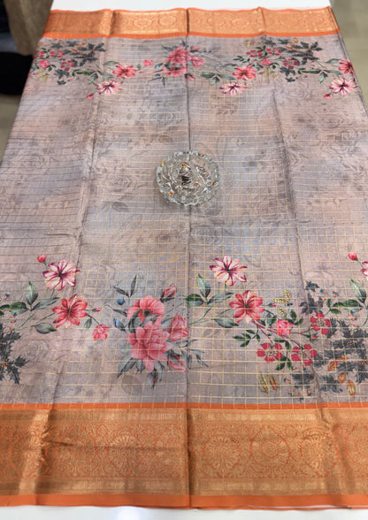 Printed handloom georgette saree for women with woven border and floral design