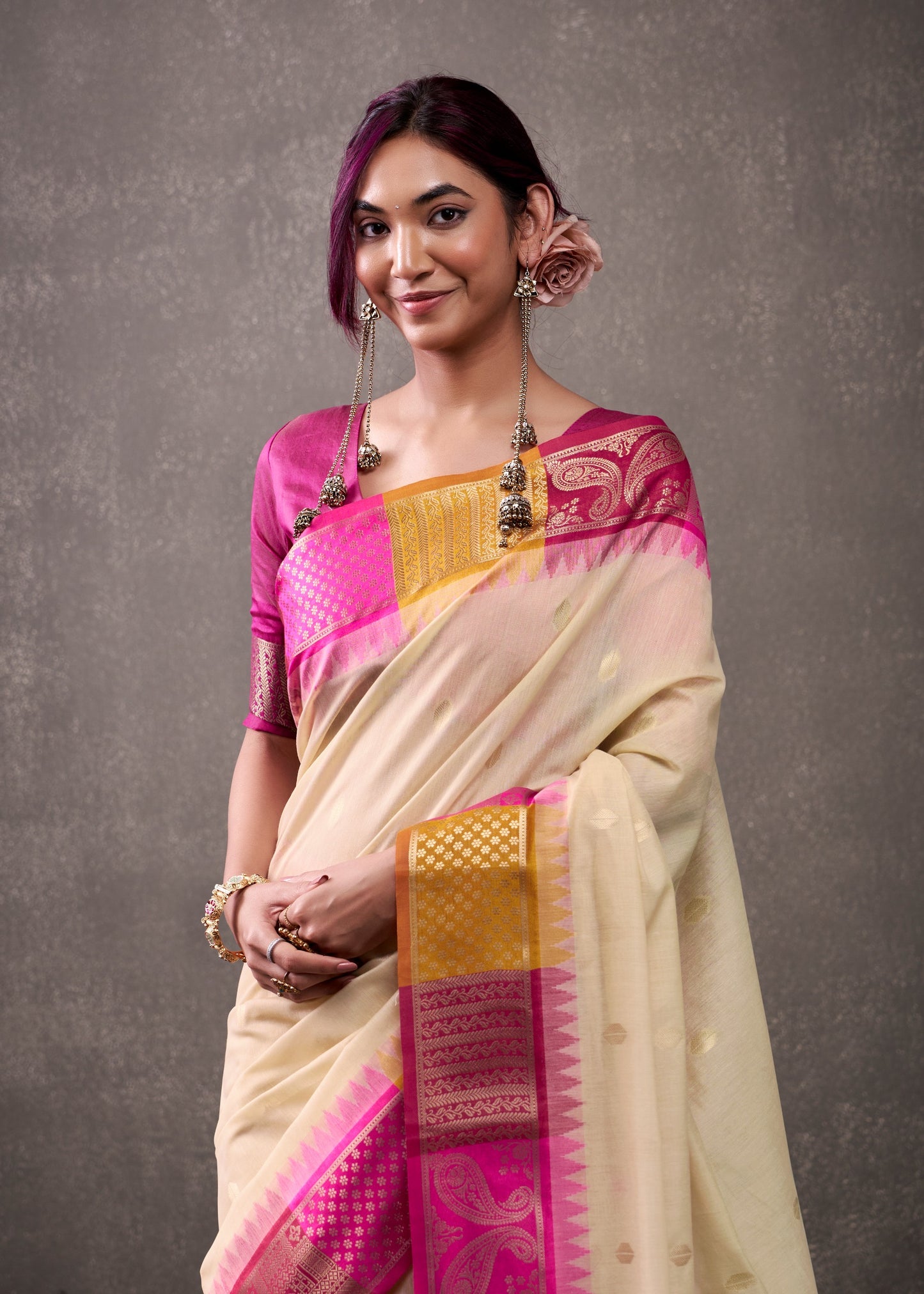 royal modal cotton saree with zari border and contrast blouse – festive ethnic wear for women