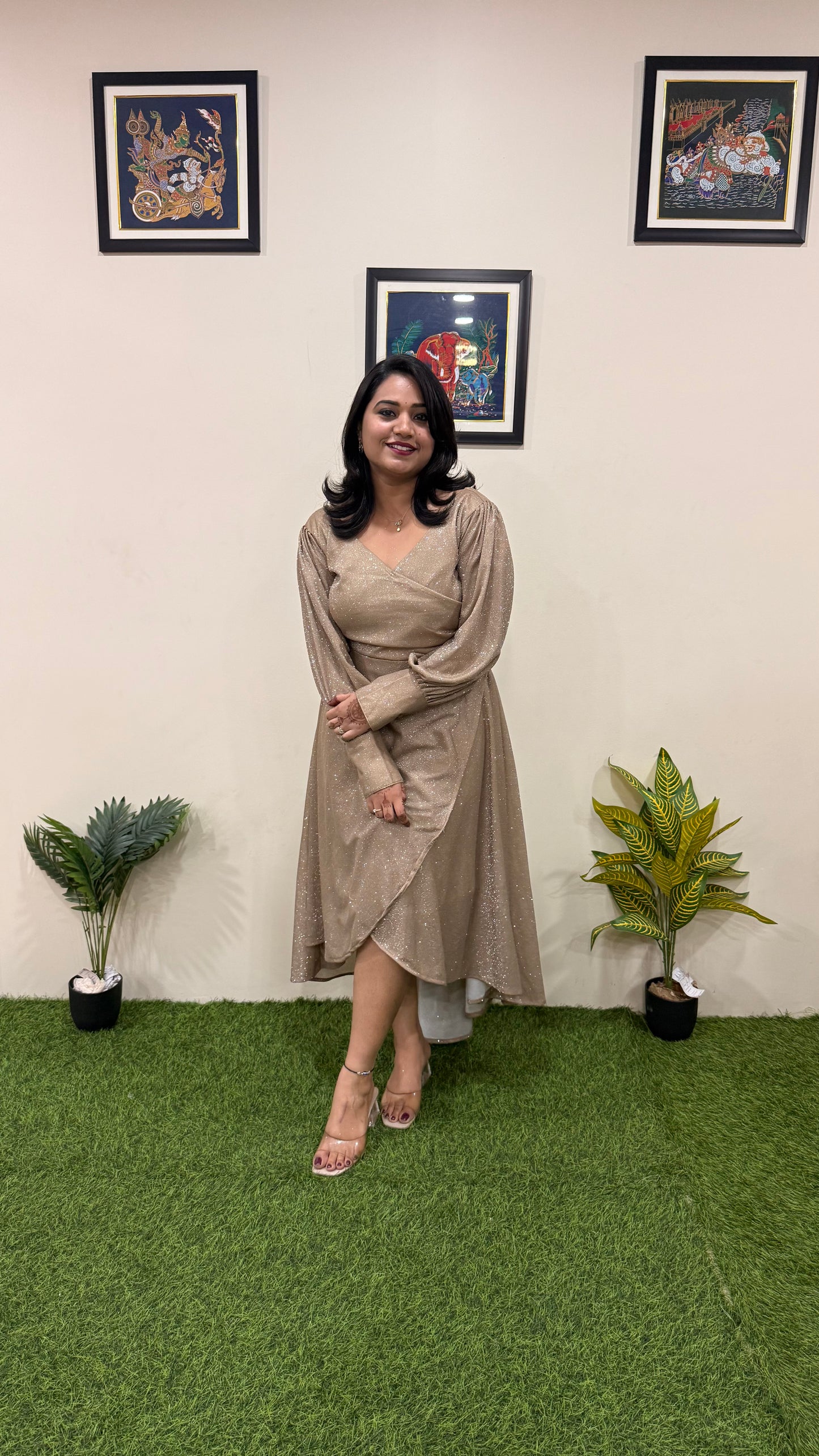 Two-Way Shimmer Lycra One-Piece High-Low Dress with Full Cuff Sleeves – Women’s Party Wear (Sizes 38 to 46)