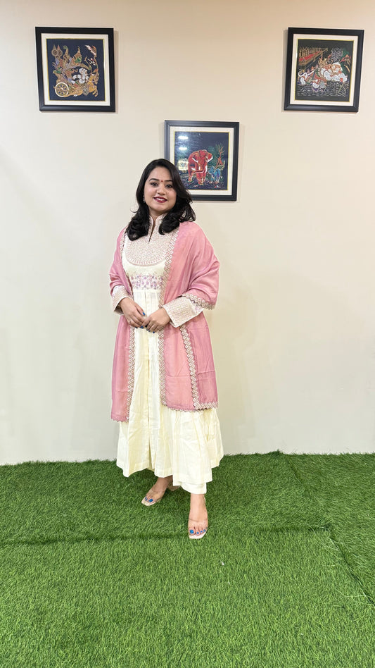 Pure Real Silk Ethnic 3-Piece Set with Embroidered Tissue or Organza Dupatta – Free Size Stitched