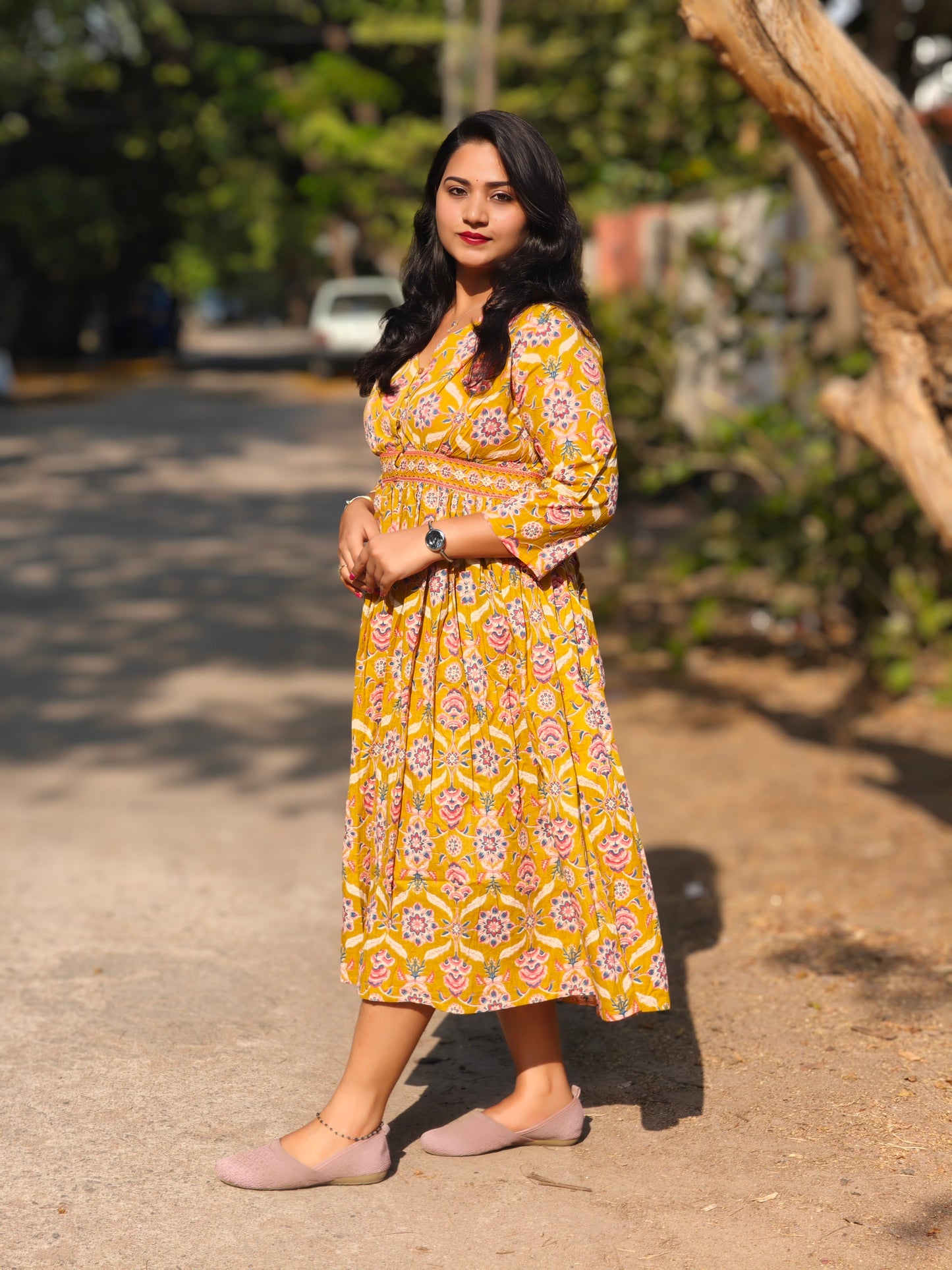 Yellow Cotton Floral Print Midi Dress for Women – Sizes M to XL