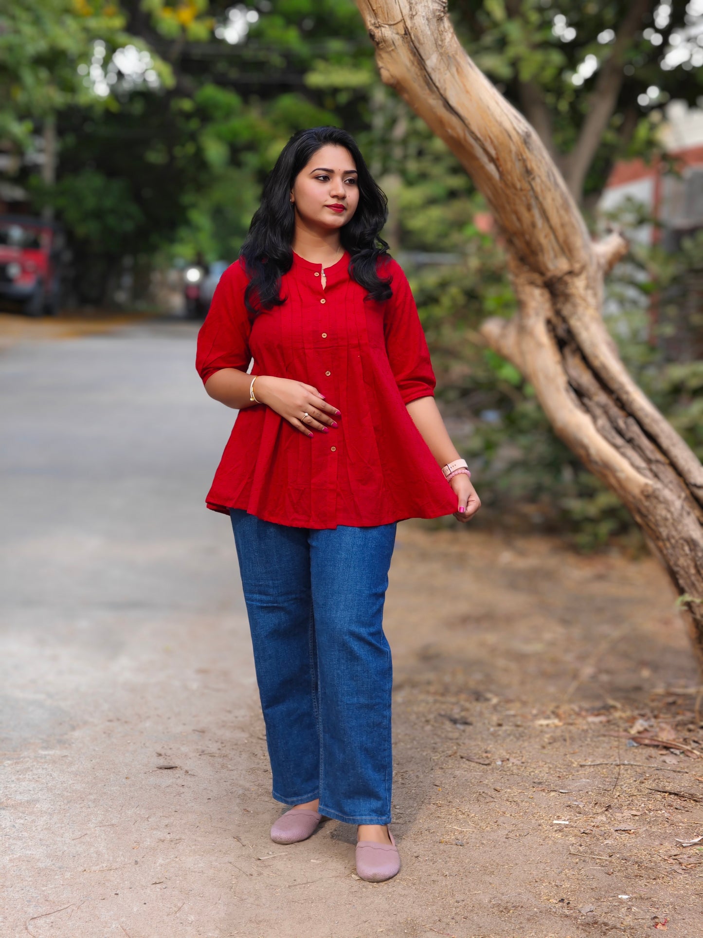 Women’s Red Dobby Cotton Short Top with Button Front – Casual & Office Wear