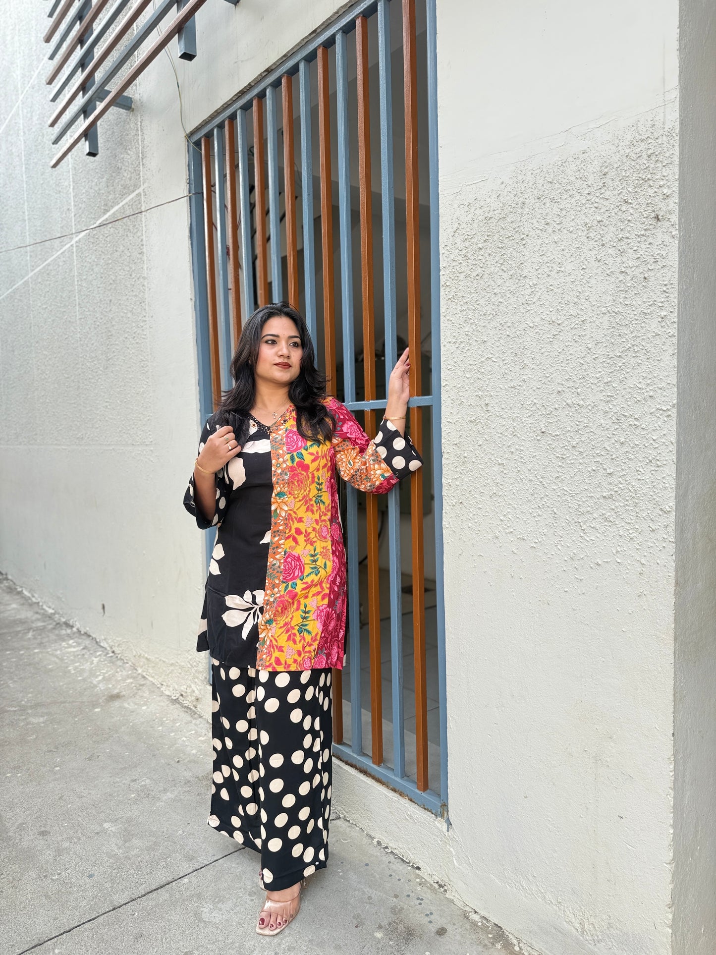 German rayon kurta palazzo set for women with printed detailing work