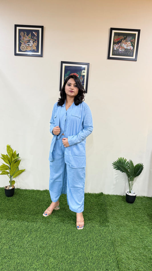 Pure Cotton Slub Bell-Bottom Pants with Halter Neck Waistcoat and Long Blazer – Women’s Three-Piece Set (Sizes 40 to 44)