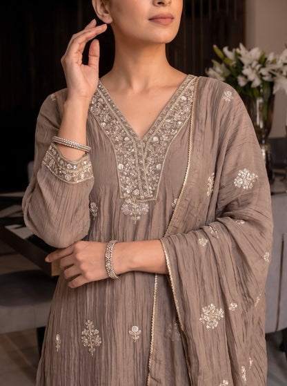 Salsa Beadwork Kurta Pant Dupatta Set for Women with Lining, Taupe A-Line 3 Piece Set