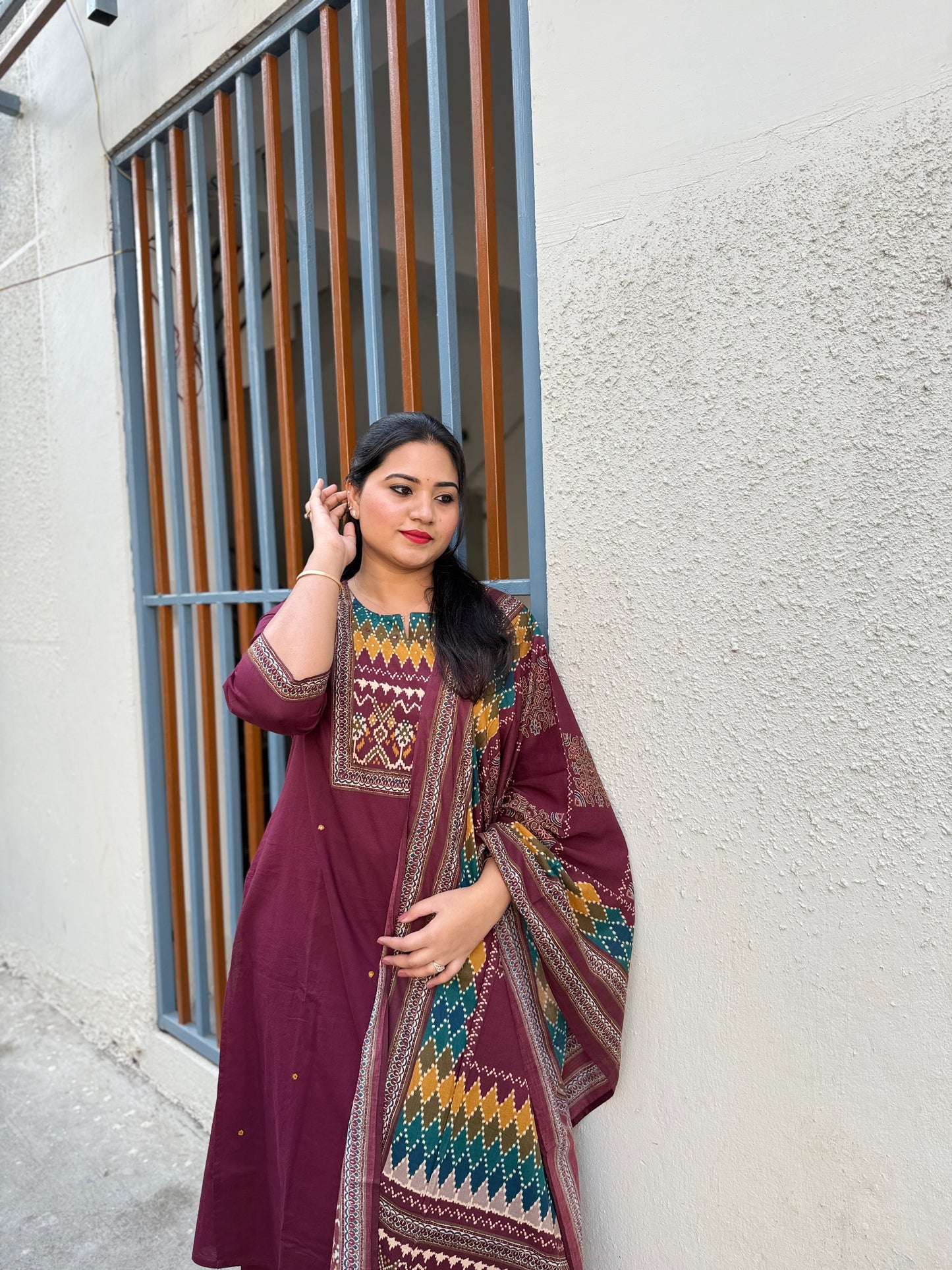 Cotton printed suit set for women with geometric yoke print, matching pant and dupatta