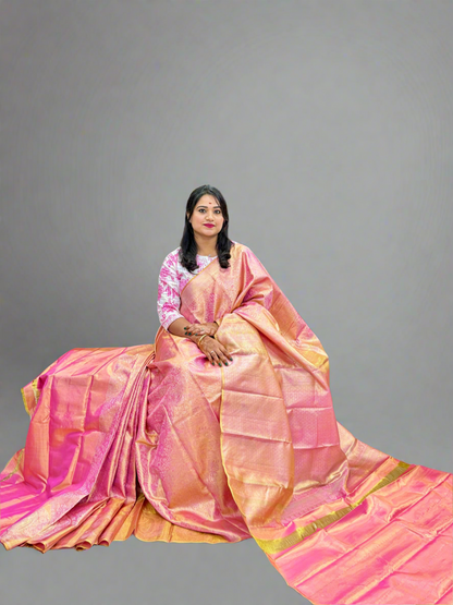 Borderless Pure Silk Saree in Bright Pink with Zari Weaving – Bridal Handloom Saree