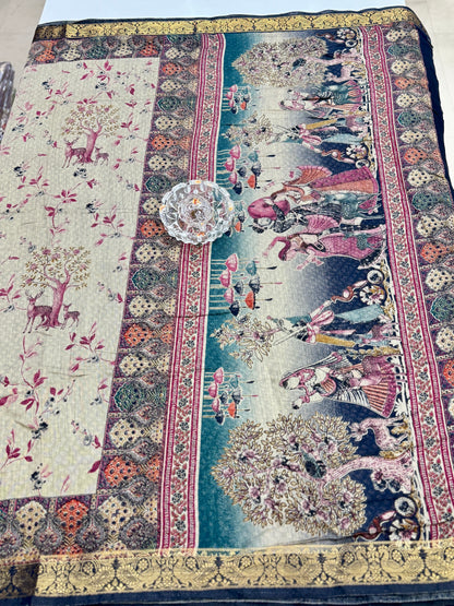 Chennuri silk style printed saree with traditional artwork border and unstitched blouse fabric for women