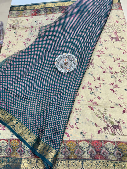 Chennuri silk style printed saree with traditional artwork border and unstitched blouse fabric for women