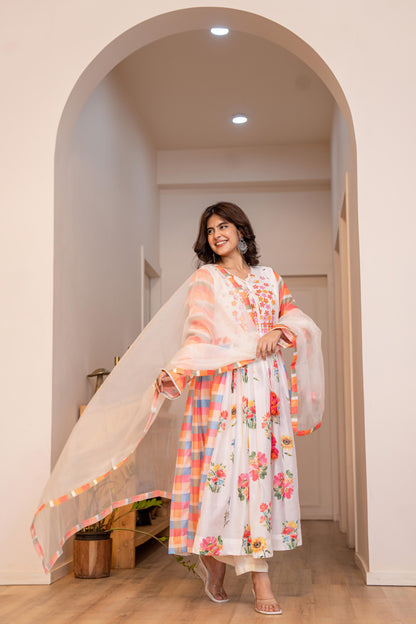 Soft Chanderi Kurta Pant with Organza Dupatta Set for Women – Embroidery & Digital Print – M to XXL