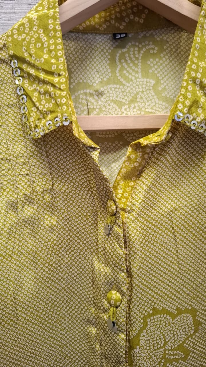 Crepe Bandhani Printed Top with Pintuck Detailing and Metal Buttons for Women