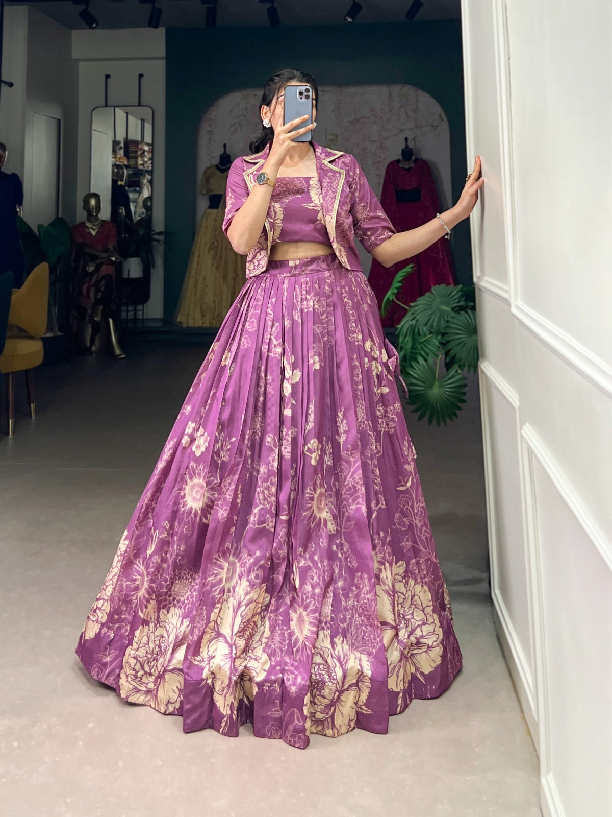 Tussar Silk Floral Print Lehenga with Blouse and Koti for Women – Stitched Wedding Wear