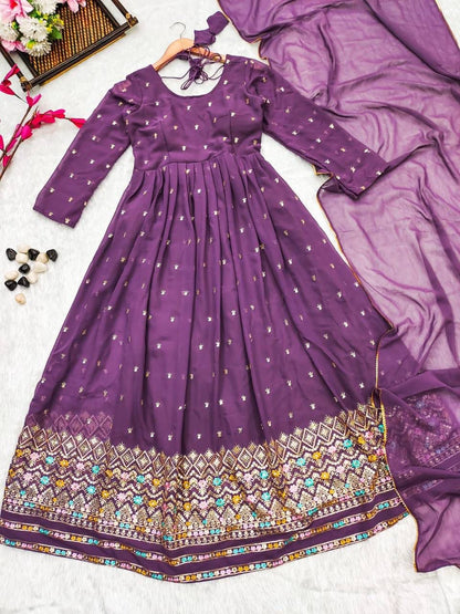 Purple Faux Georgette Embroidered Suit Set for Women with Lining – Sizes 42 and 44 Available