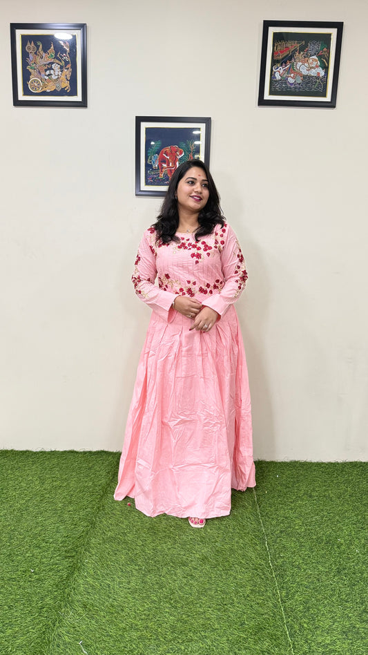 Muslin Silk Embroidered Gown for Women with Handwork and Malai Crepe Inner – 56+ Inch Length