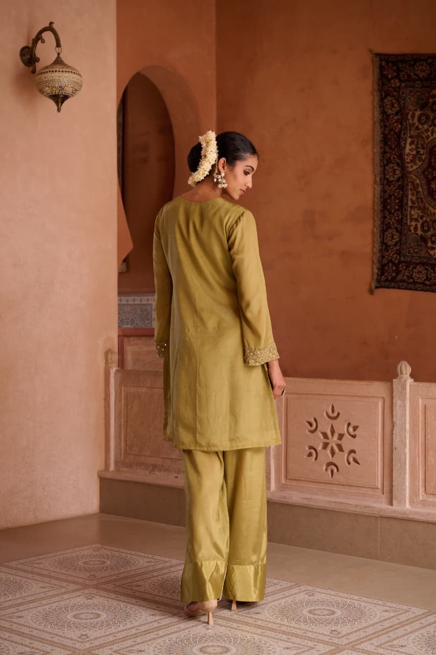 Embroidered HO Silk Glass Shimmer Kurta Farsi Pant Dupatta Set for Women