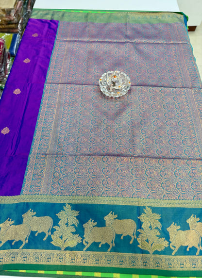 Handloom styled Silk Pichwai Saree with Woven Border and Contrast Blouse