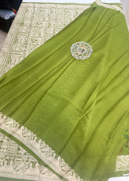 Pure Crepe Mysore Silk Saree for Women – Kalamkari Print with Kathan Border, 75 Gram, Silk Mark Certified