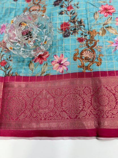 Printed handloom georgette saree for women with woven border and floral design