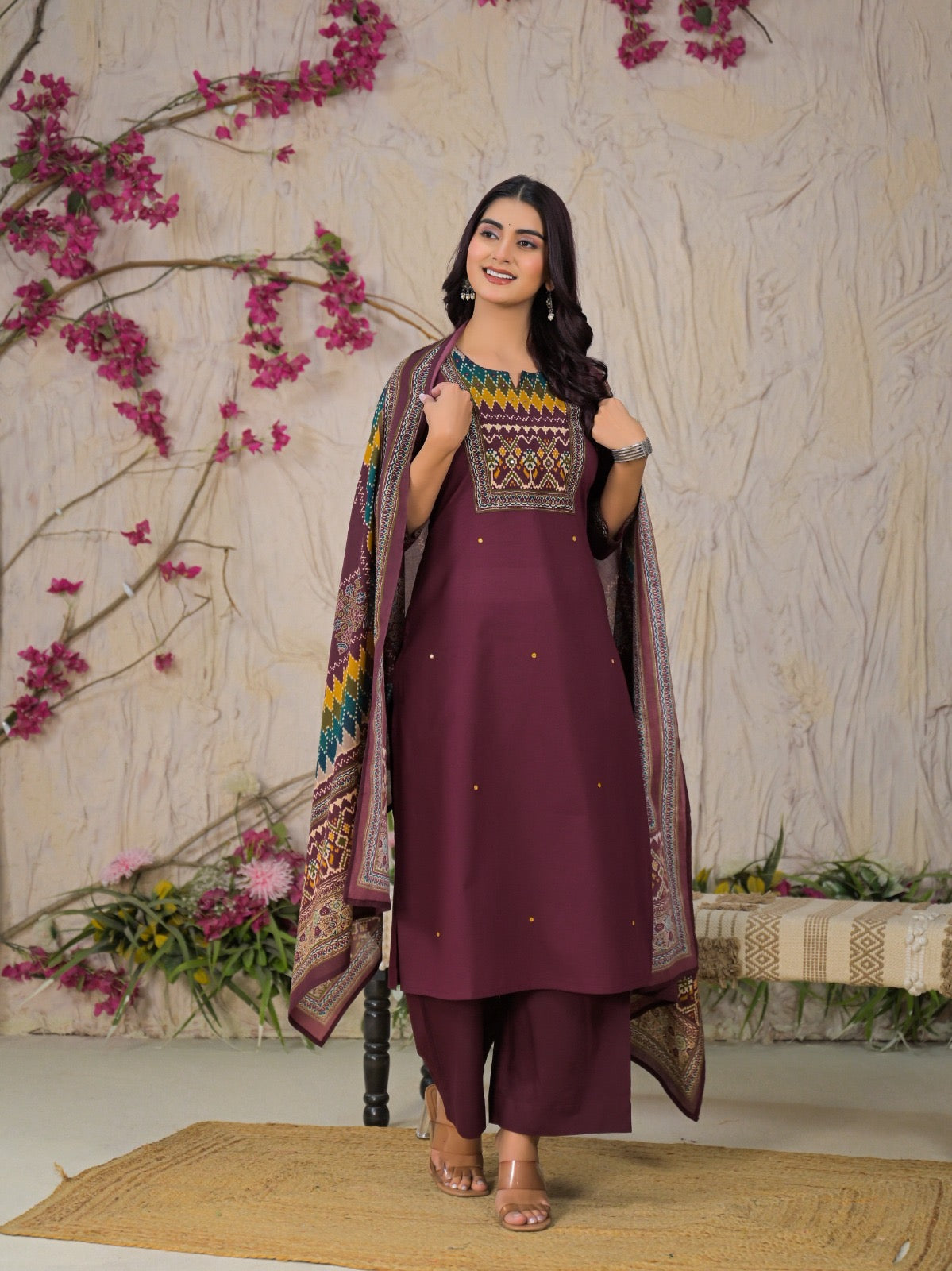 Cotton printed suit set for women with geometric yoke print, matching pant and dupatta