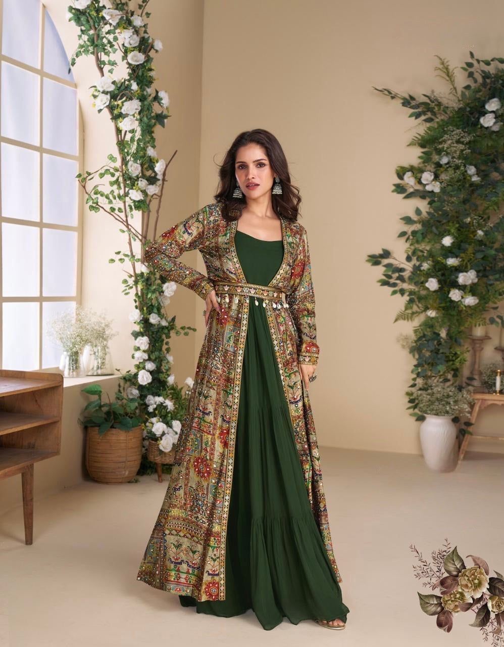 Real Georgette Gown with Hand-Embroidered Real Silk Shrug – Janvi 2-Piece Set for Women (Free Size)