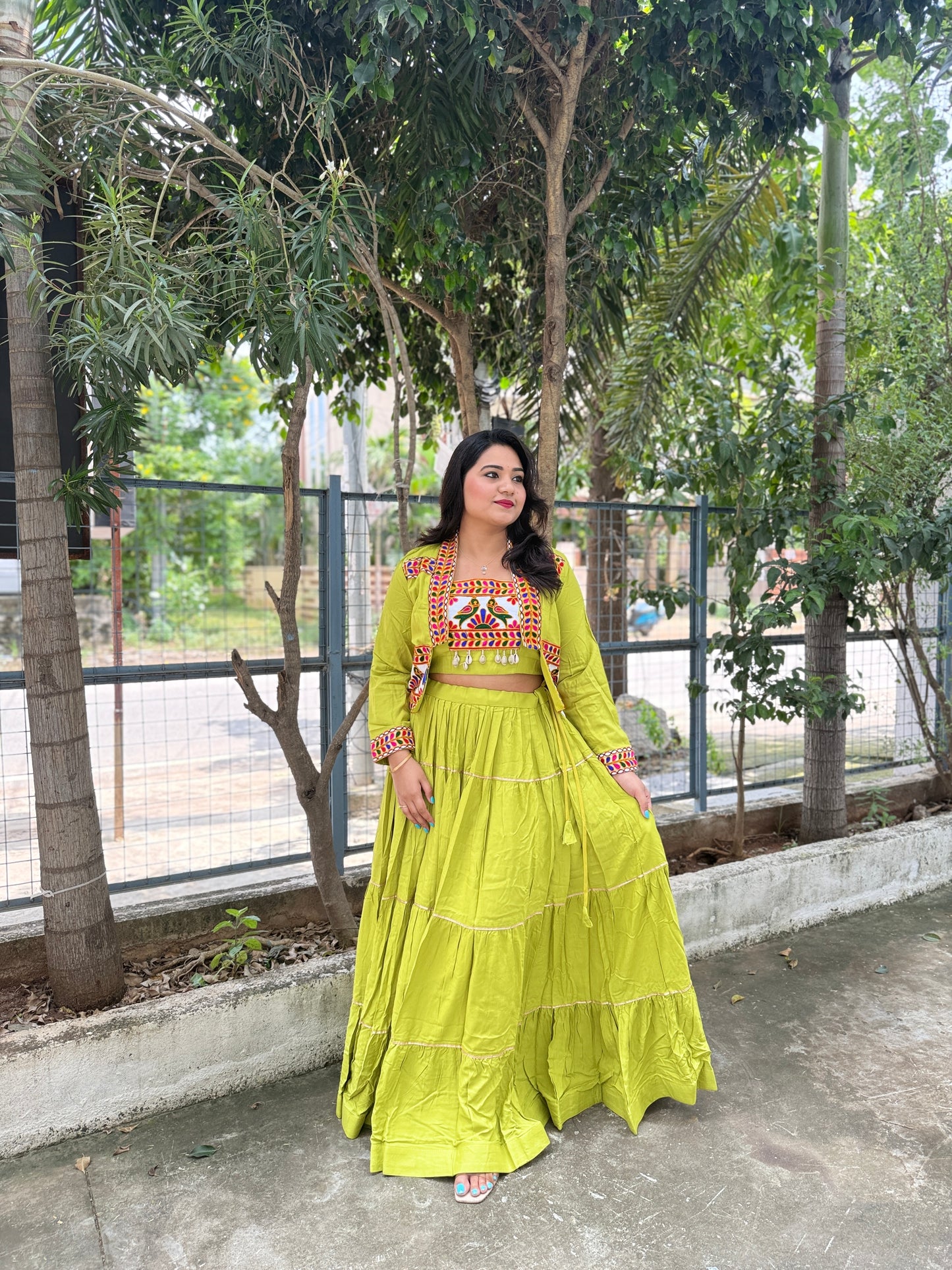 Rayon Lehenga Choli with Embroidered Gamthi Work Koti and Cowrie Lace – Navratri and Festive Wear