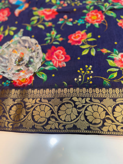 Pure Viscose Crepe silk saree with digital floral print and woven zari border for women