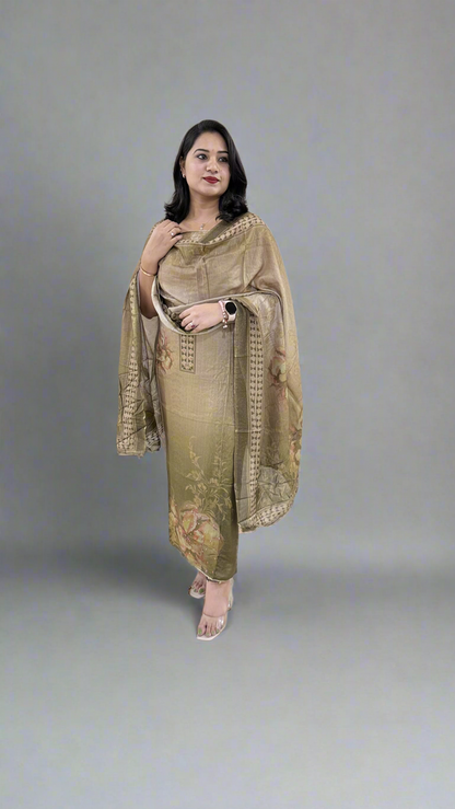 Unstitched Viscose Muslin Shimmer Dress Material with Digital Print, Aari Sequins Mirror Work and Dupatta