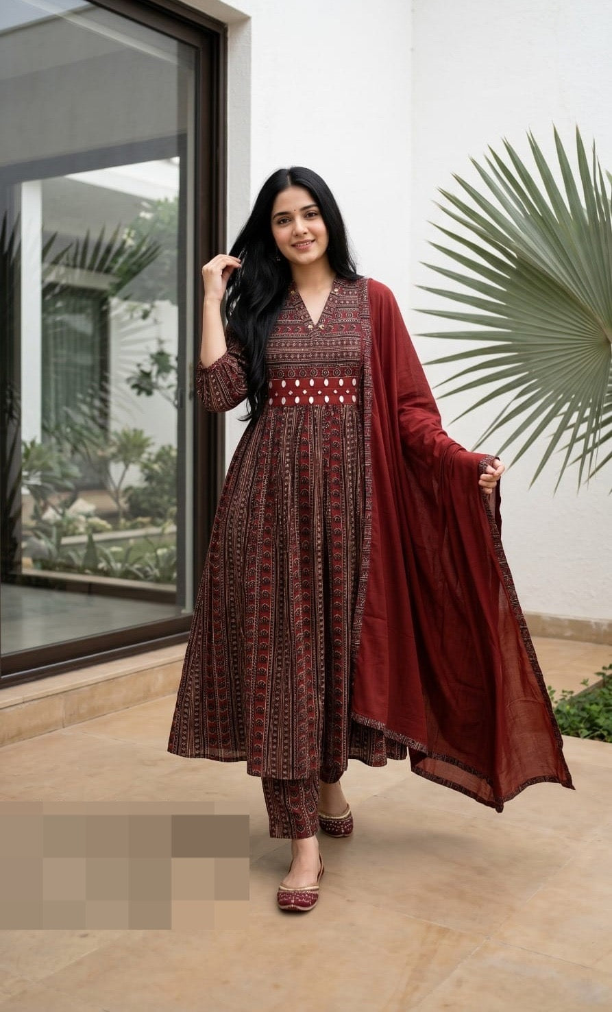 Printed Cotton Mirror Work Kurta Pant Dupatta Set Maroon