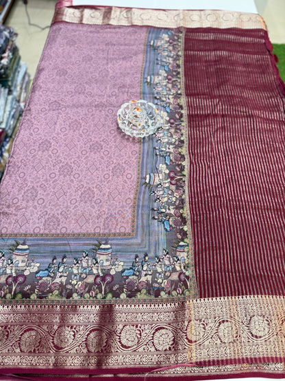 Russian Viscose Crepe Silk Chittpallu Saree with Heritage Print and Zari Border for Women
