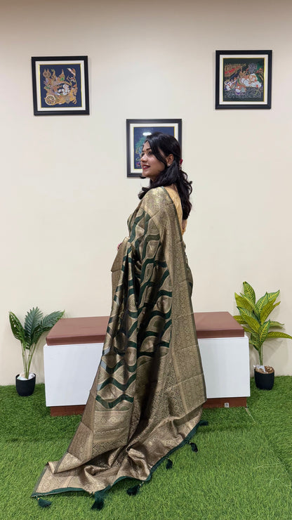 Organza Woven Saree in Deep Navy with Zari Work and Contrast Border – Festive Wear for Women