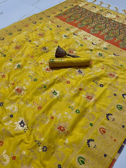 Pure Heavy Silk Saree with Zari and Minakari Weaving, Running Design Blouse with Jari Border