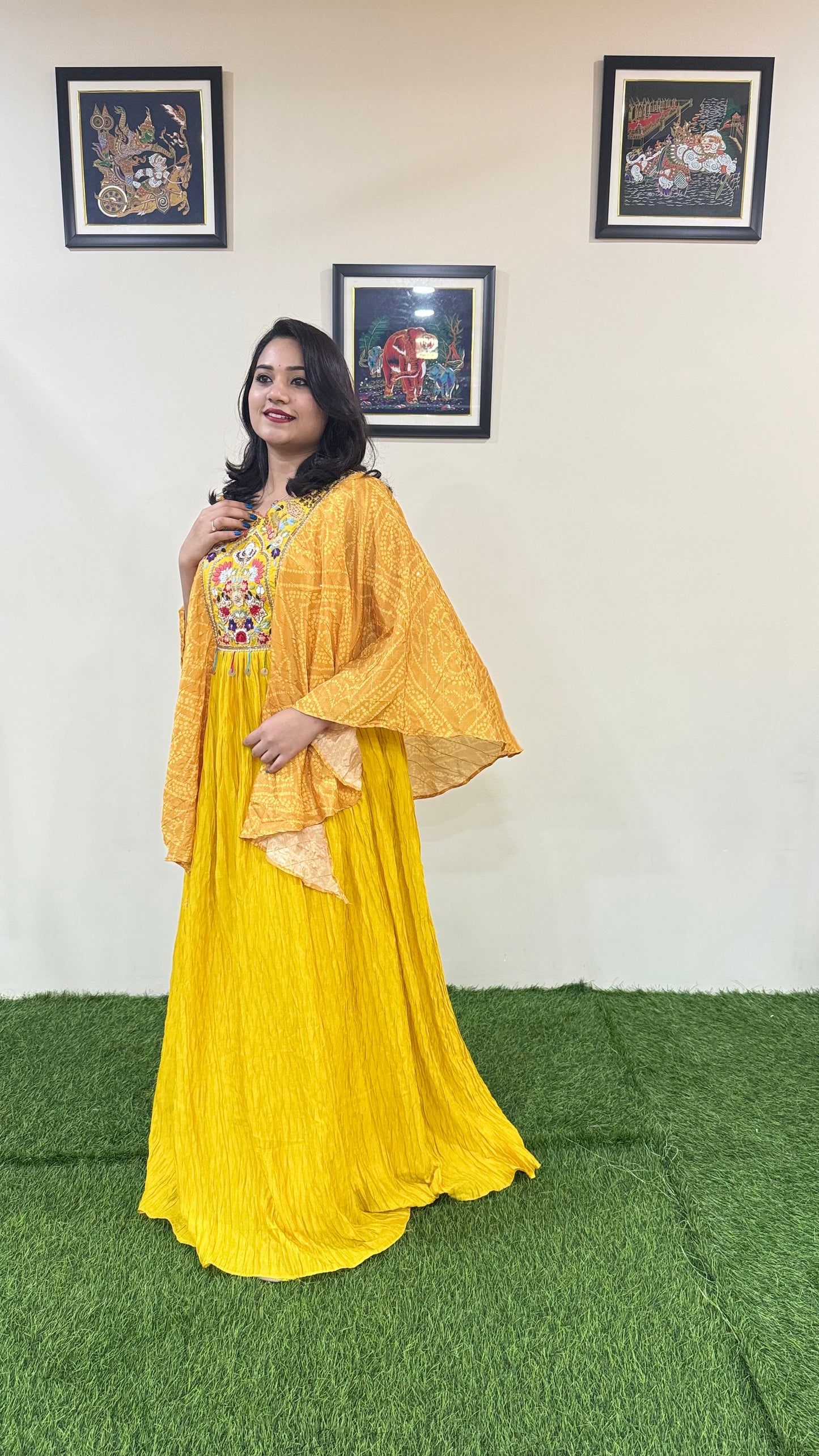 Real Chinon Silk 3-Piece Ethnic Set with Hand Moti Embroidery and Digital Sleeves – Free Size