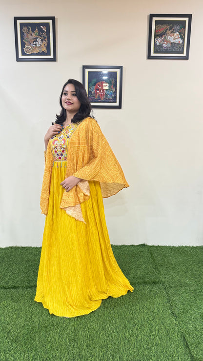 Real Chinon Silk 3-Piece Ethnic Set with Hand Moti Embroidery and Digital Sleeves – Free Size