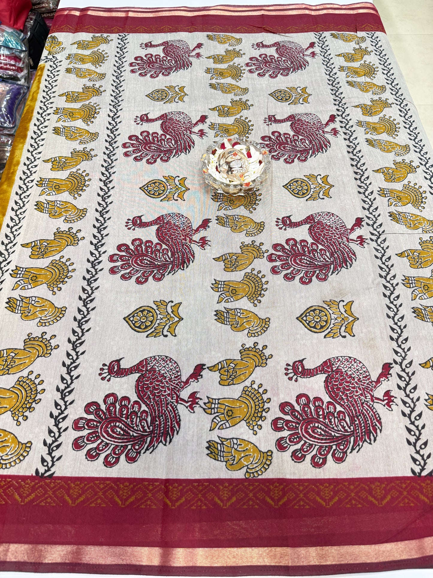 Silk blend printed saree with contrast border and pallu print, 6.3m with running blouse, 6 color options