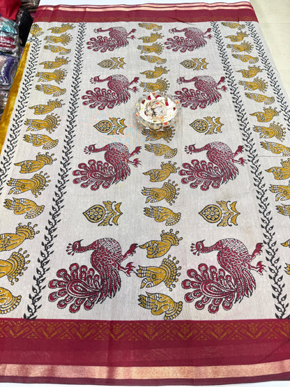 Silk blend printed saree with contrast border and pallu print, 6.3m with running blouse, 6 color options