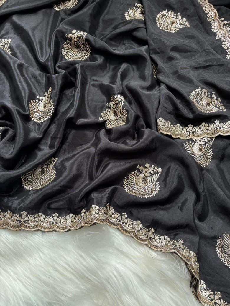 Pure Chinnon Saree with Embroidery, Work & Peacock Butta Motifs – Heavy Embroidered Blouse