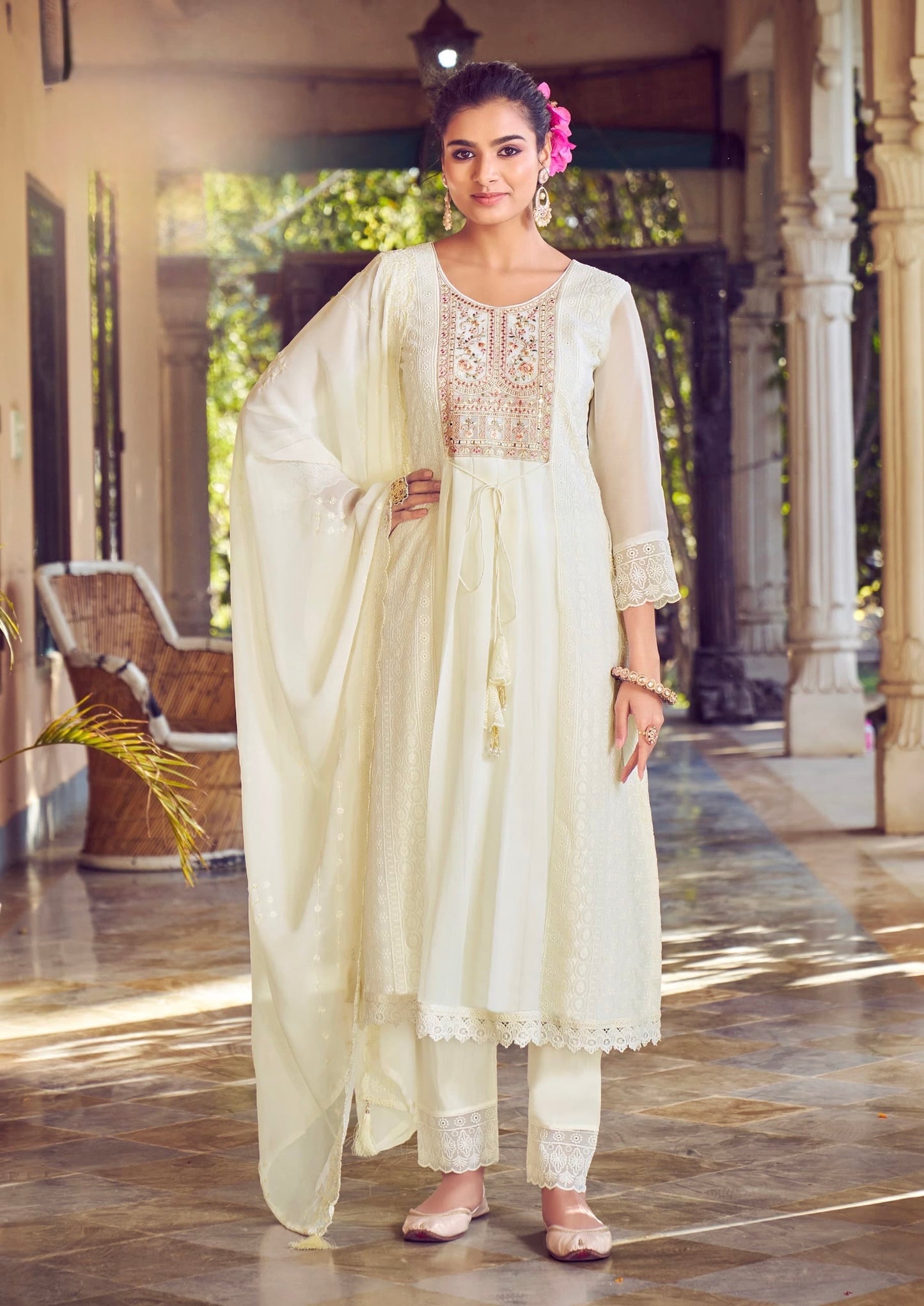 Women’s Georgette Embroidered Suit Set with Mirror Work Neck and Lace Border Pant – L to 3XL