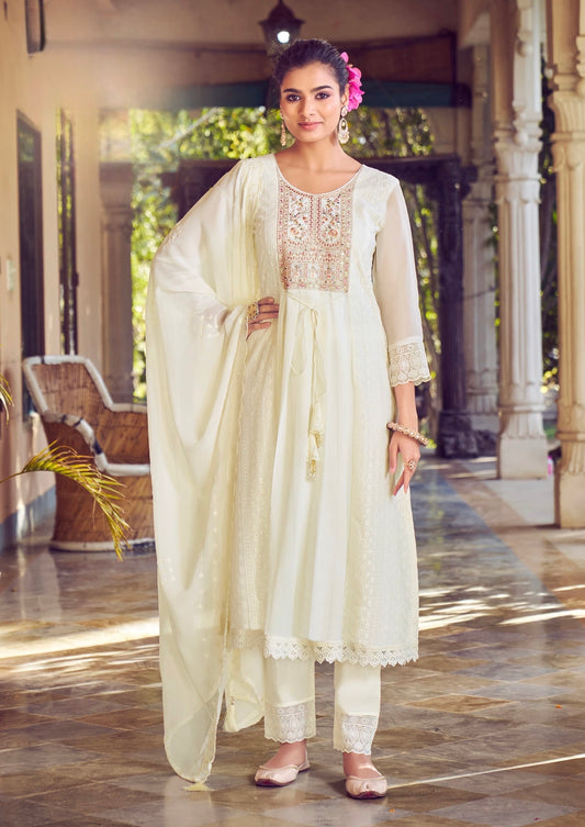 Women’s Georgette Embroidered Suit Set with Mirror Work Neck and Lace Border Pant – L to 3XL