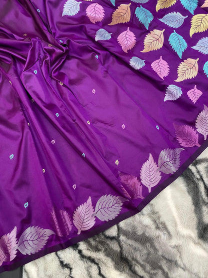 Pure Soft Silk Saree with Colorful Weaving and Leaf Panel Design