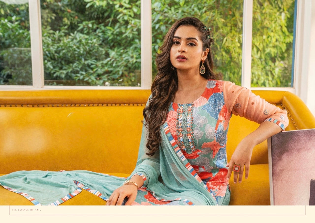 Viscose Satin Silk Kurti Pant Dupatta Set with Digital Print and Hand Embellishments for Women – XL to 3XL