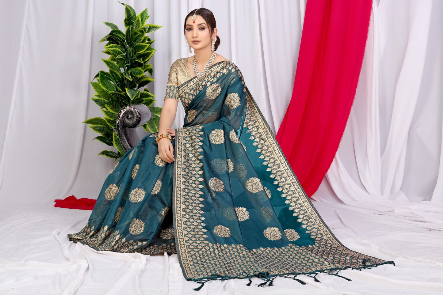 Organza Silk Zari Weaving Saree with Golden Butties, Silver Zari Pallu & Brocade Blouse