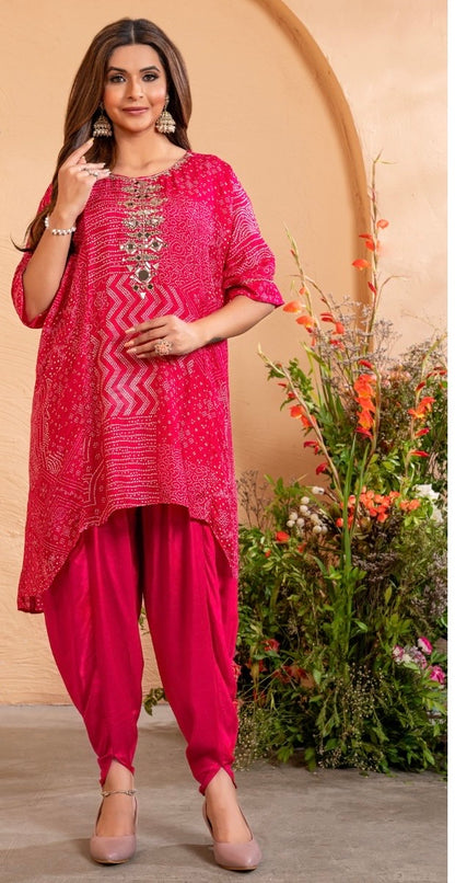 Kaftan Kurti with Tulip Pant in Pure Dola Silk with Manual Mirror Embroidery for Women