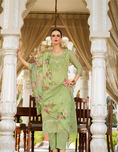 Women’s Organza Embroidered Suit Set with Viscose Silk Pant and Digital Print Dupatta – L to 3XL
