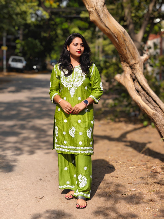 Green Lucknowi Chikankari Embroidered Cotton Top Bottom Set for Women – Handcrafted Ethnic Wear